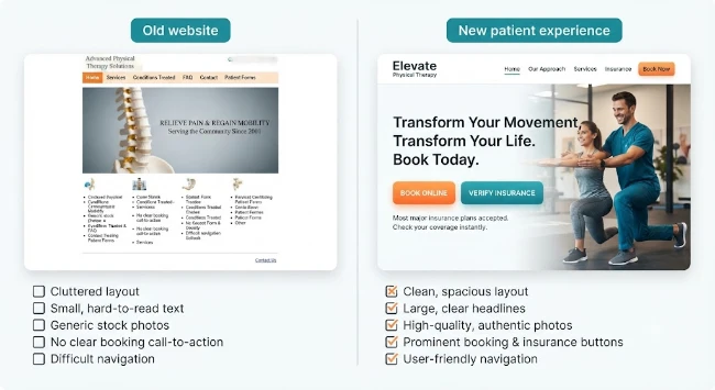 Physical therapy website before and after redesign comparison