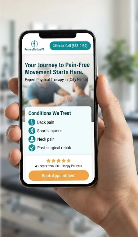 Mobile physical therapy website with click to call and booking